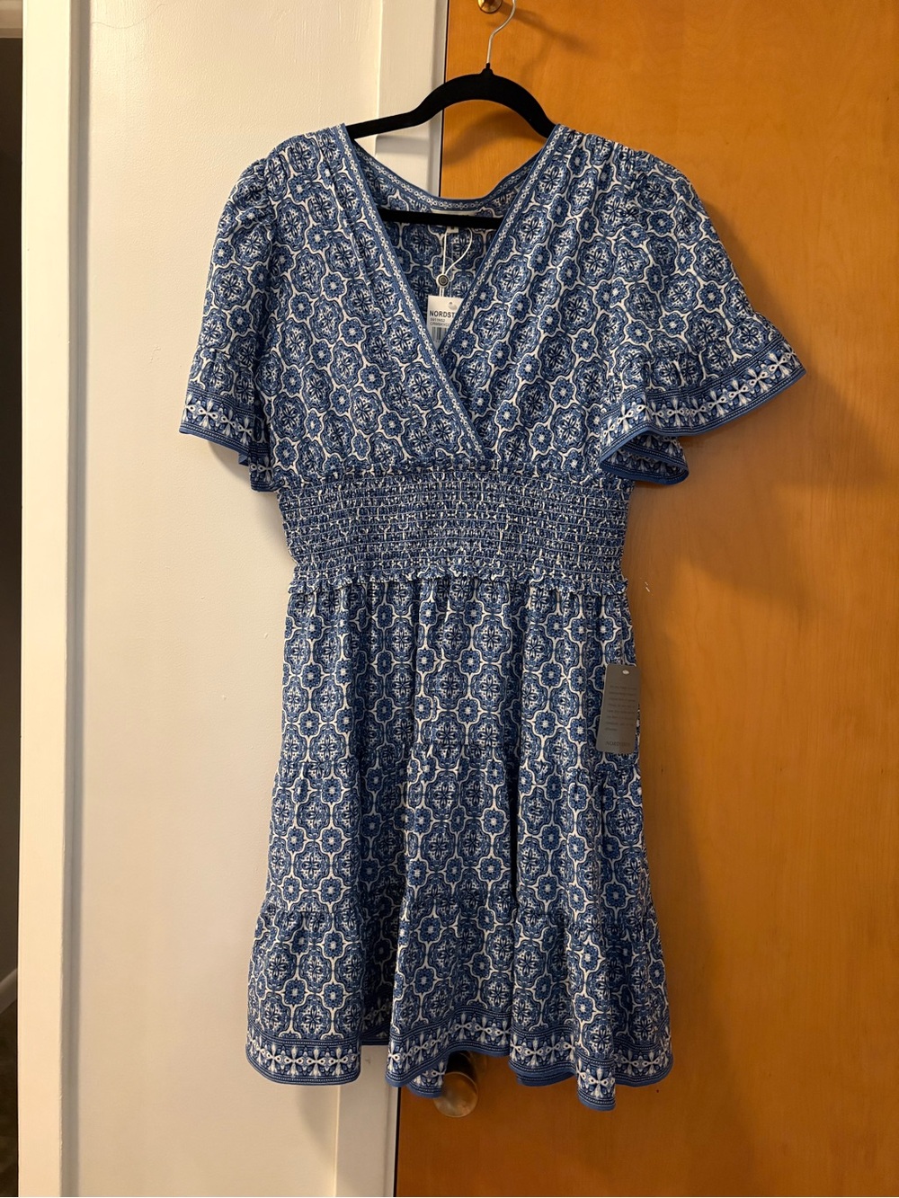 Max Studio Blue Printed Smocked-Waist Dress